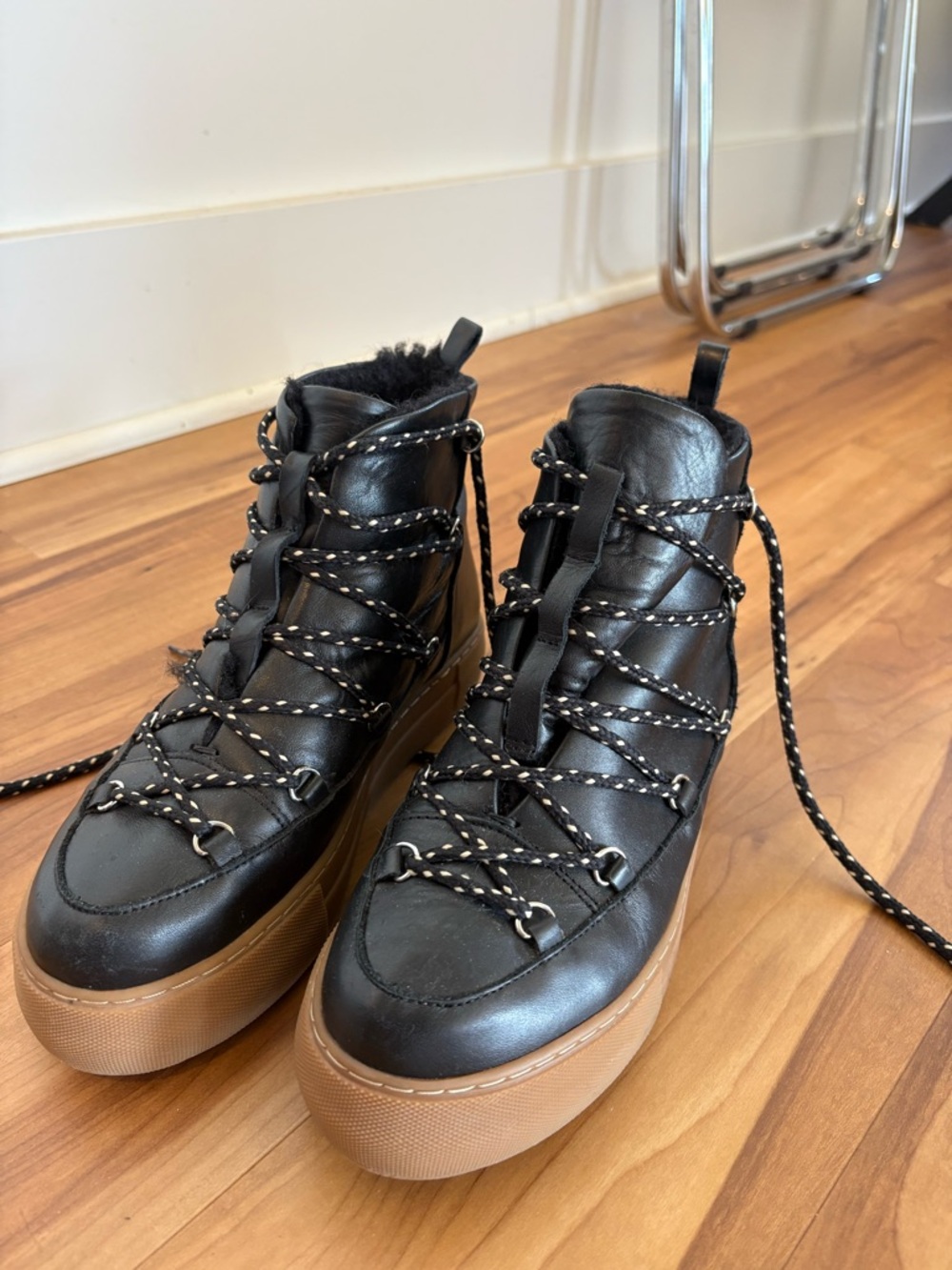 & Other Stories Black Leather Lace-Up Platform Boots with Tan Sole
